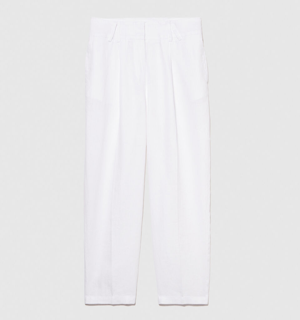 100% linen barrel leg trousers - women's carrot fit trousers - White | Sisley image number 6